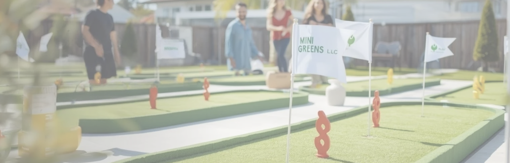 People playing an enjoying mini golf with example mini greens hole signage. 